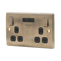 British General Nexus Metal 13A 2-Gang SP Switched Socket + 3.1A 2-Outlet Type A USB Charger Antique Brass with Black Inserts