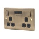 British General Nexus Metal 13A 2-Gang SP Switched Socket + 3.1A 15.5W 2-Outlet Type A USB Charger Antique Brass with Black Inserts
