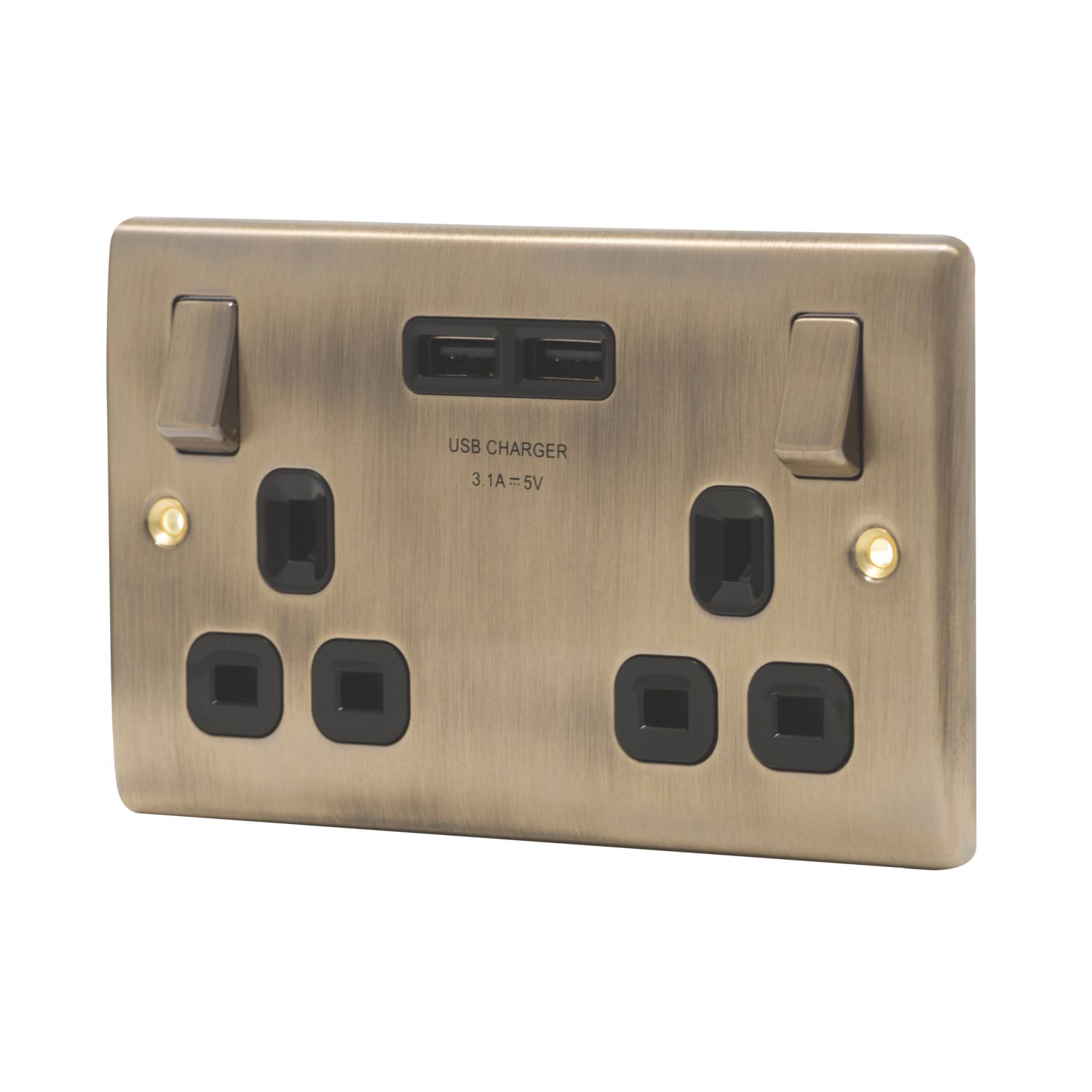 British General Nexus Metal 13A 2-Gang SP Switched Socket + 3.1A 15.5W 2-Outlet Type A USB Charger Antique Brass with Black Inserts (8640P)