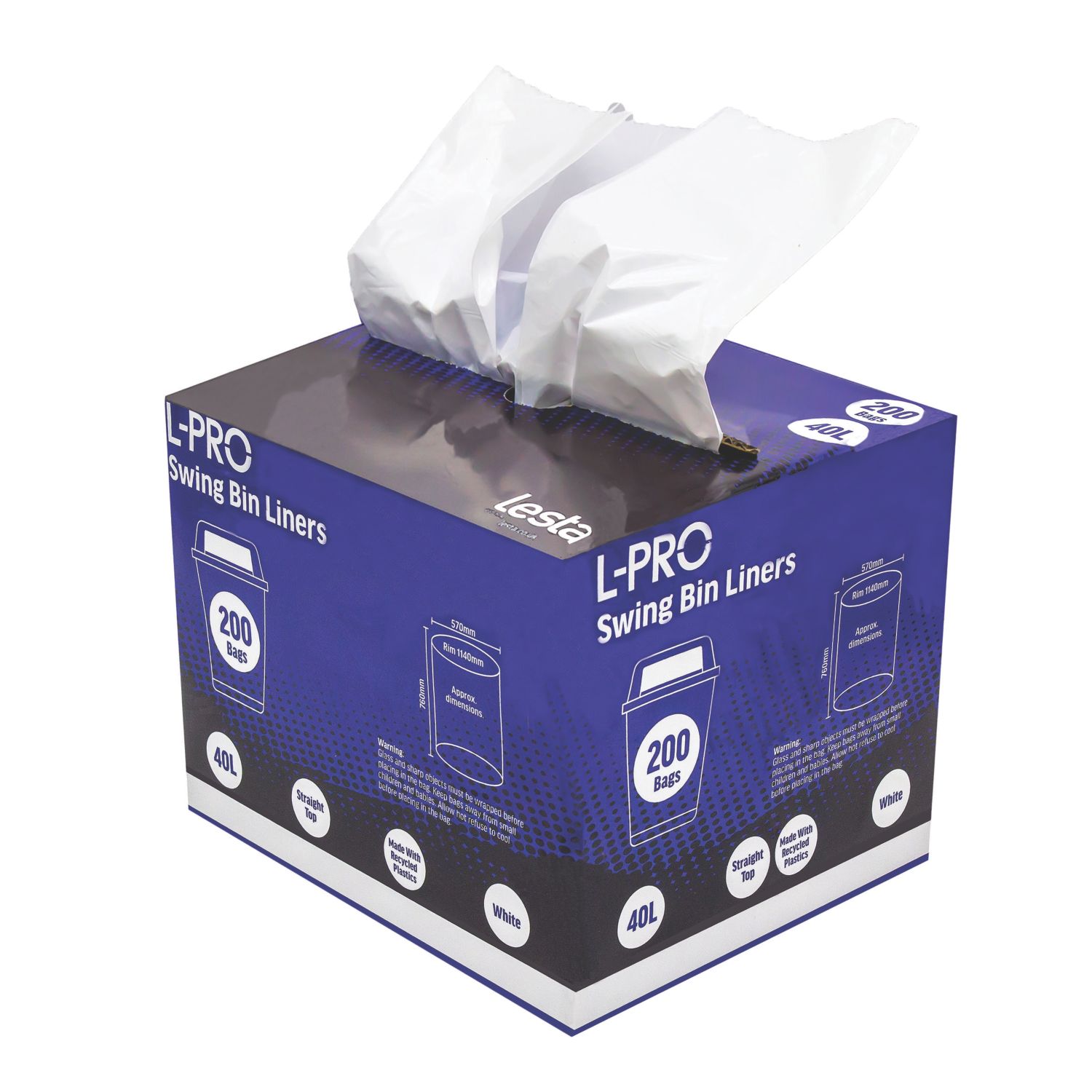 L-PRO White Swing Bin Liners in Dispenser Box 40Ltr 200 Pack (864FH)