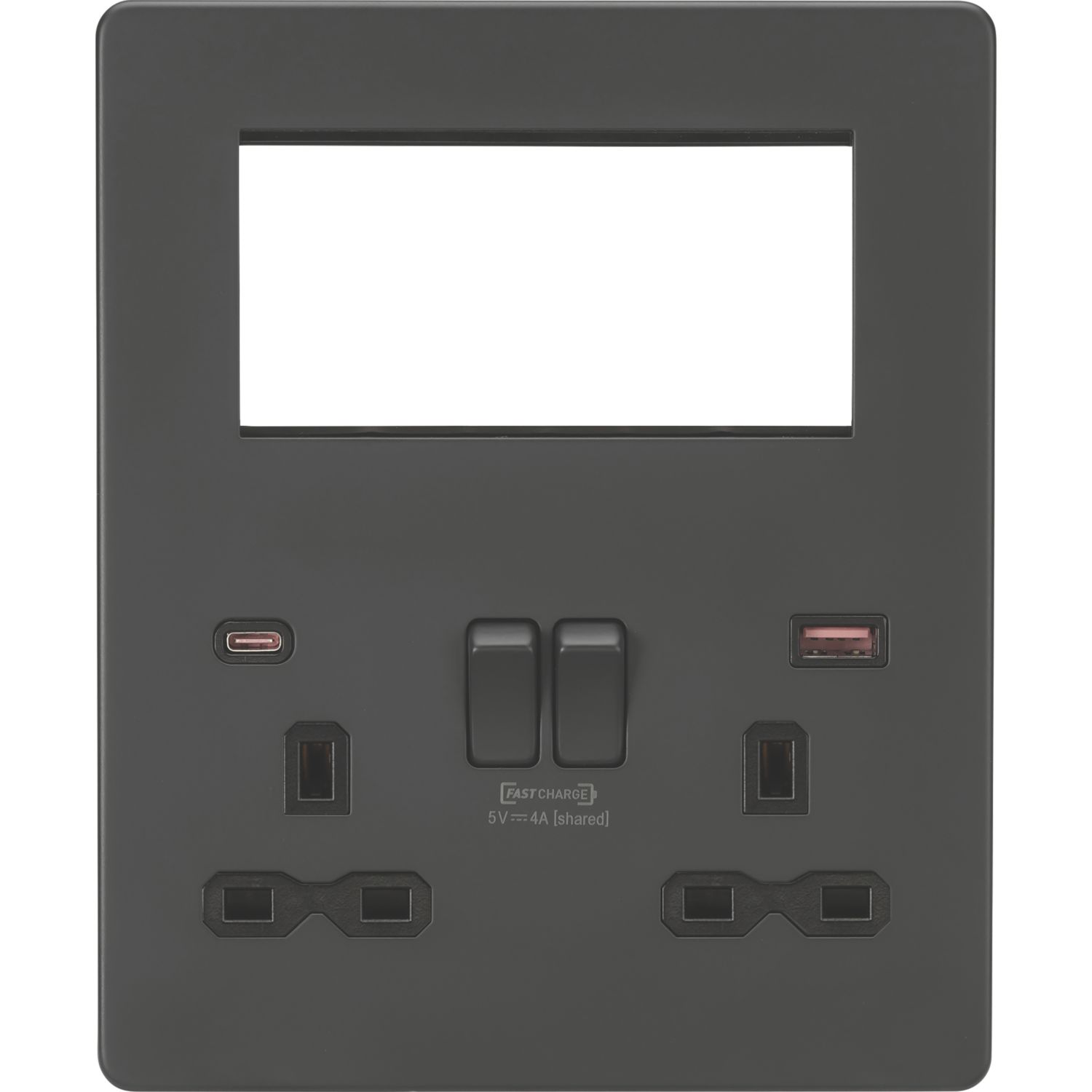 Knightsbridge SFR994AT 13A 2-Gang DP Combination Plate + 4.0A 18W 2-Outlet Type A & C USB Charger Anthracite with Black Inserts (864VF)