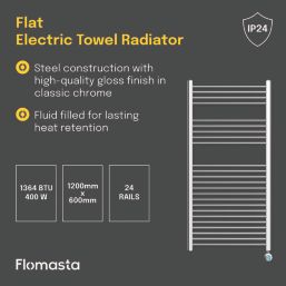 Flomasta 1200mm x 600mm 1364BTU Chrome Flat Electric Towel Radiator