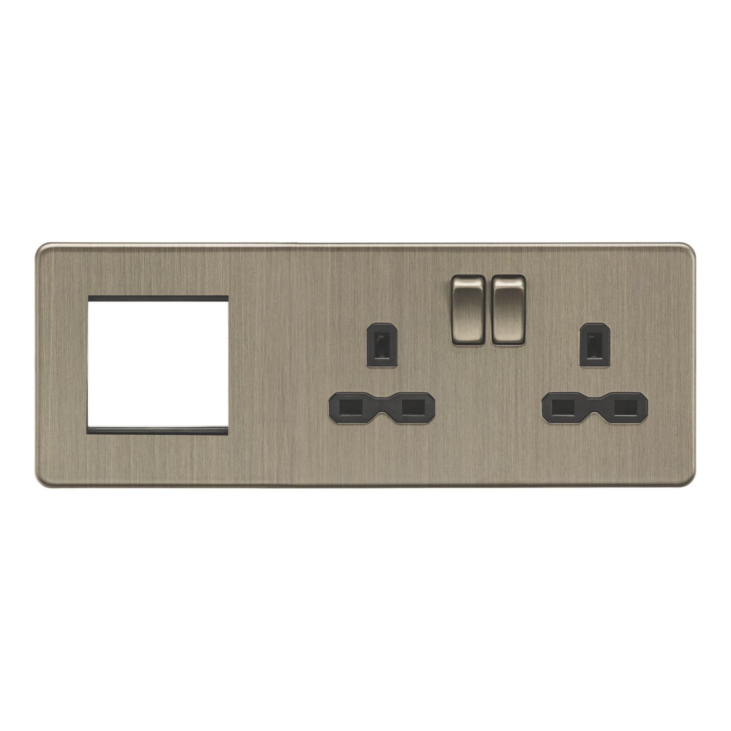 Knightsbridge 13A 2-Gang DP Multimedia Plate Antique Brass with Black Inserts (866AM)