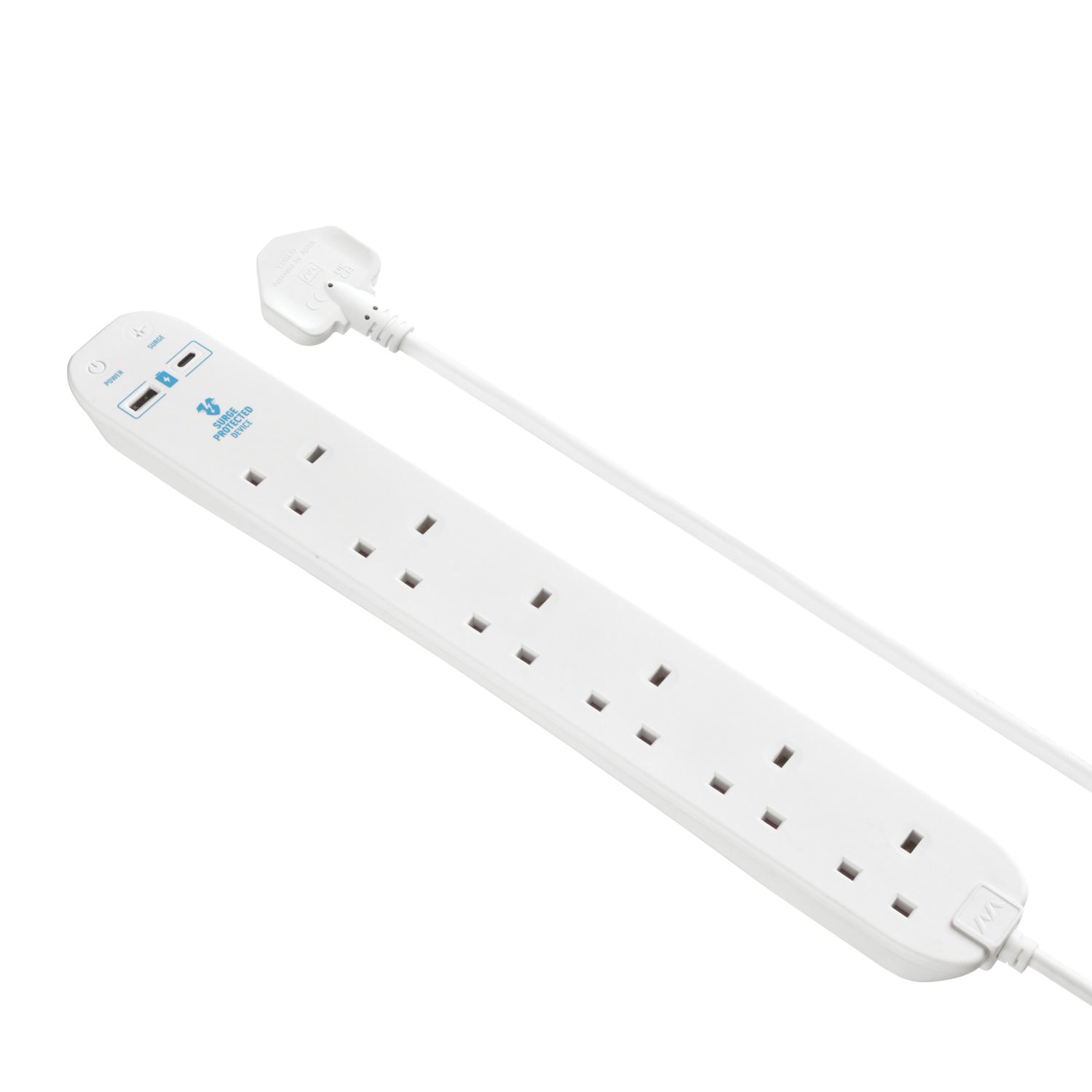 Masterplug 13A 4-Gang Unswitched Surge-Protected Extension Lead + 2.1A 2-Outlet Type A & C USB Charger White 2m (866CH)
