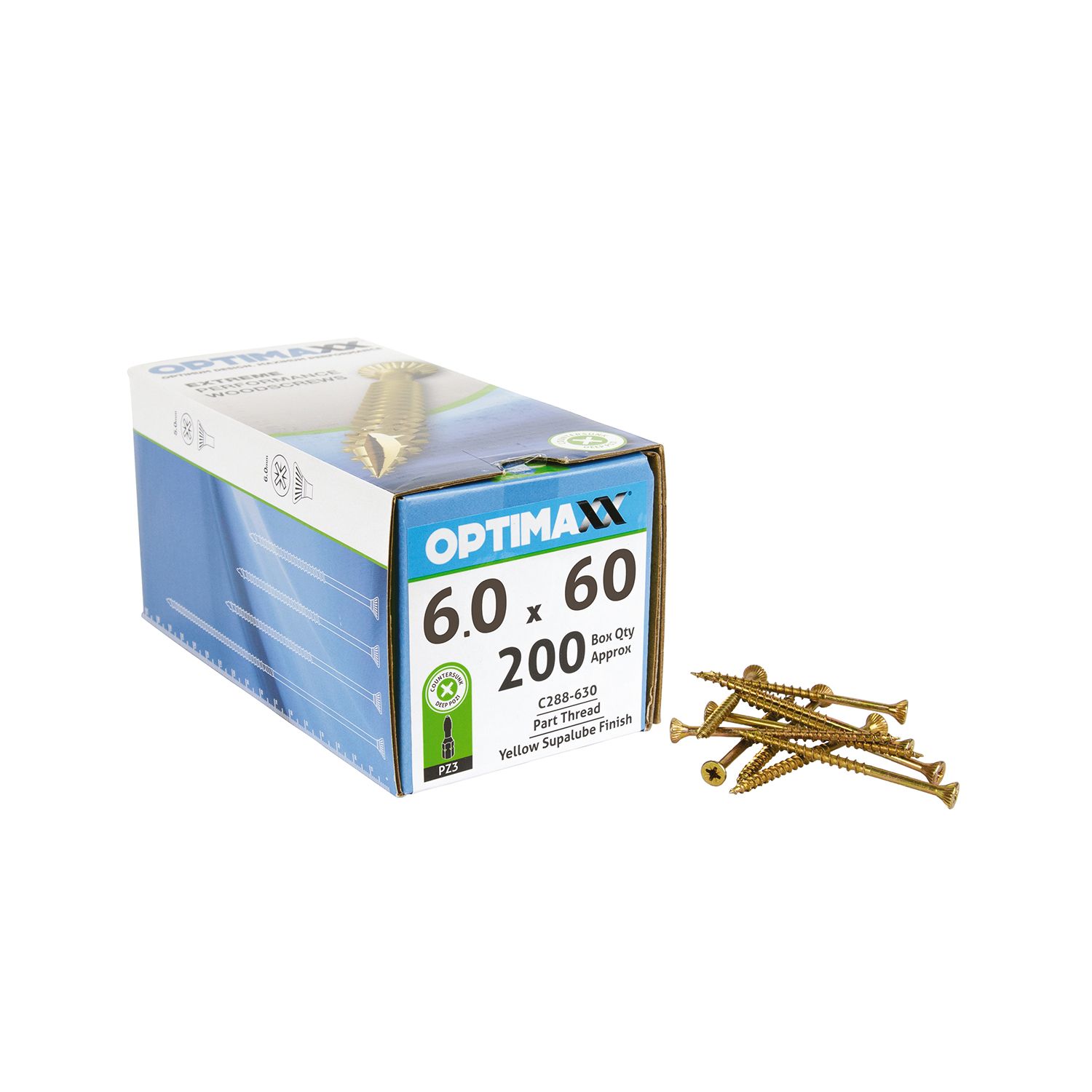 Optimaxx PZ Countersunk Wood Screws 6mm x 60mm 200 Pack (866TY)