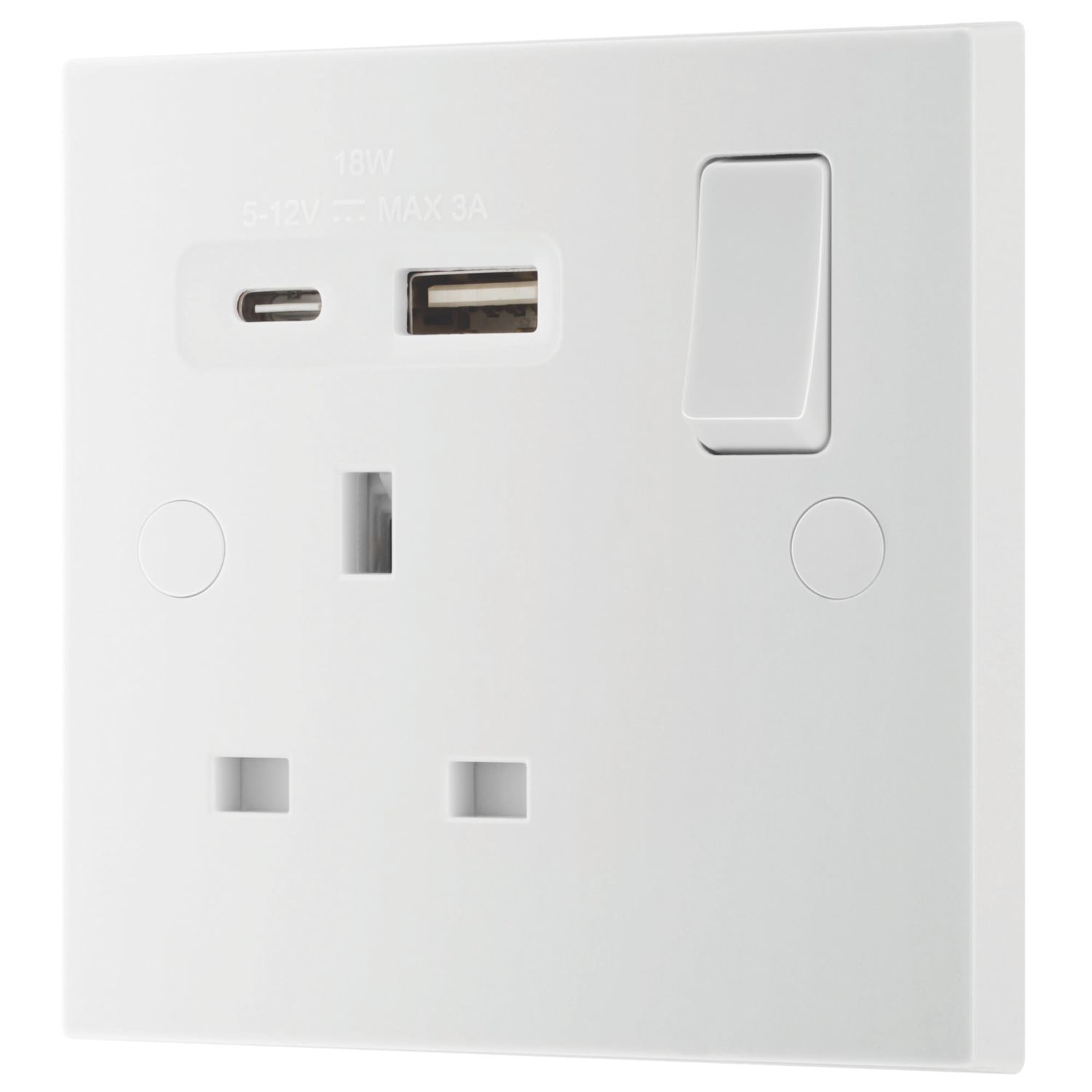 British General 900 Series 13A 1-Gang SP Switched Socket + 3A 18W 2-Outlet Type A & C USB Charger White (867CH)