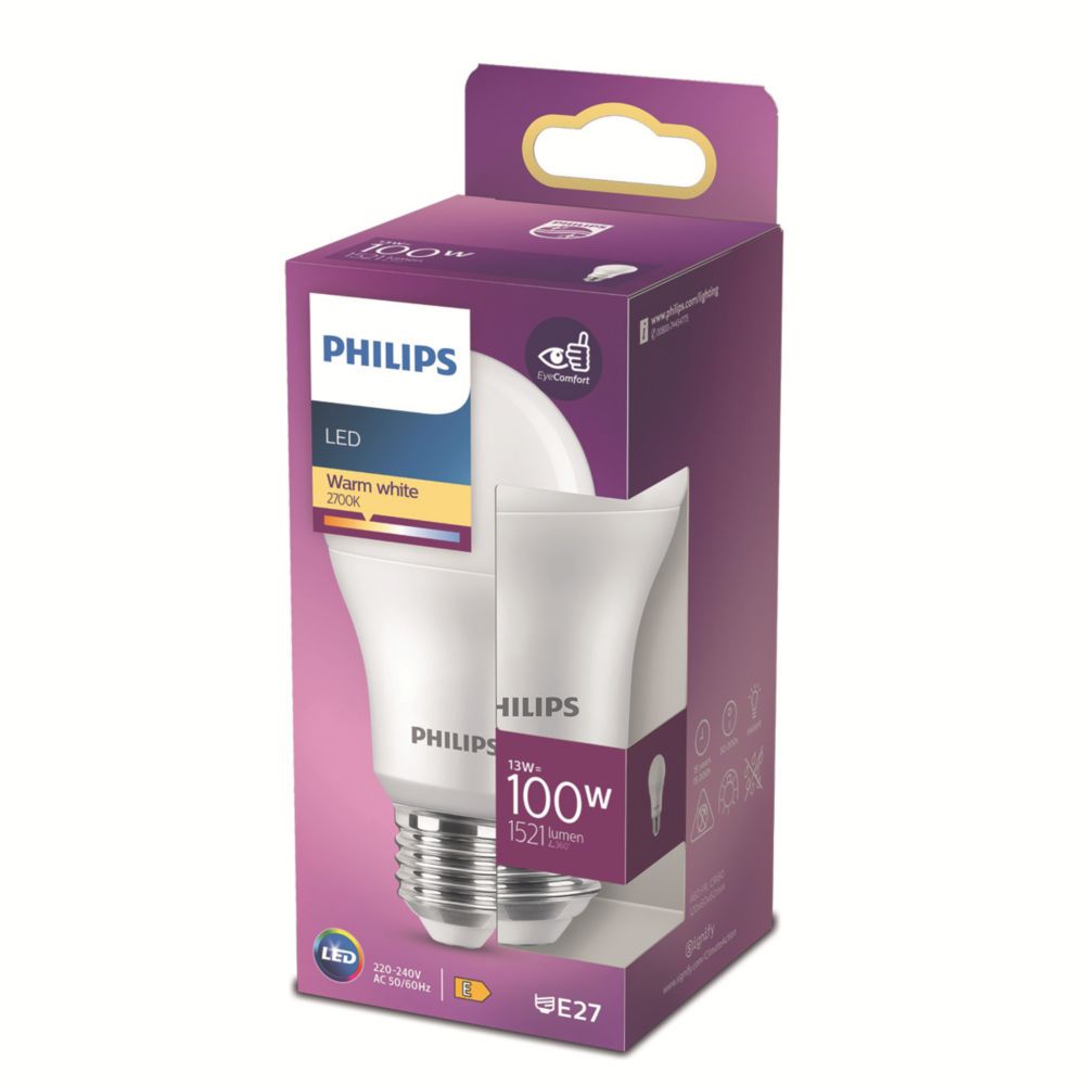 Lot De 2 Ampoules LED Philips CorePro A60 E27 13W (équiv. 100W) - Blanc Chaud 2700K - 1521 Lm