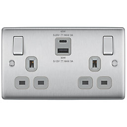 British General Nexus Metal 13A 2-Gang SP Switched Socket + 3A 45W 2-Outlet Type A & C USB Charger Brushed Steel with Grey Inserts