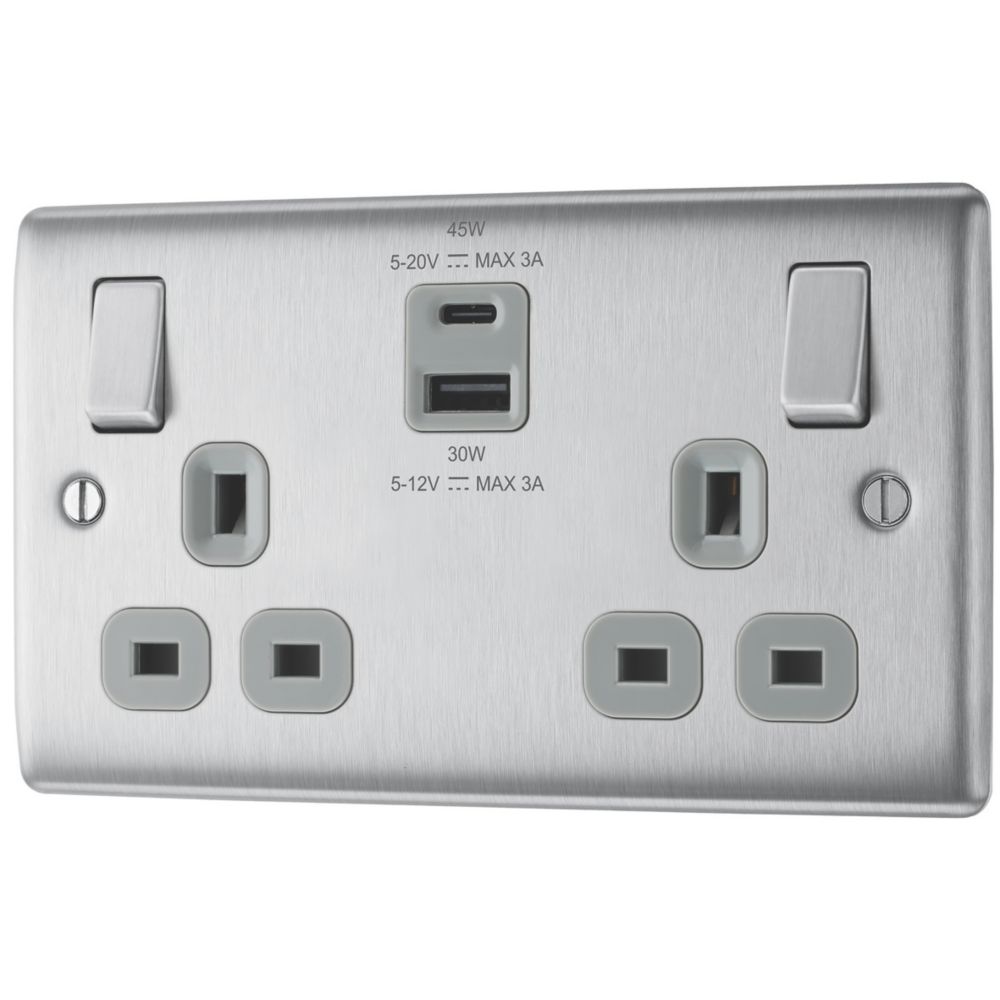 British General Nexus Metal 13A 2-Gang SP Switched Socket + 3A 45W 2-Outlet Type A & C USB Charger Brushed Steel with Grey Inserts