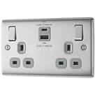 British General Nexus Metal 13A 2-Gang SP Switched Socket + 3A 45W 2-Outlet Type A & C USB Charger Brushed Steel with Grey Inserts