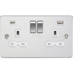 Knightsbridge  13A 2-Gang SP Switched Socket + 4.0A 20W 2-Outlet Type A & C USB Charger Polished Chrome with White Inserts