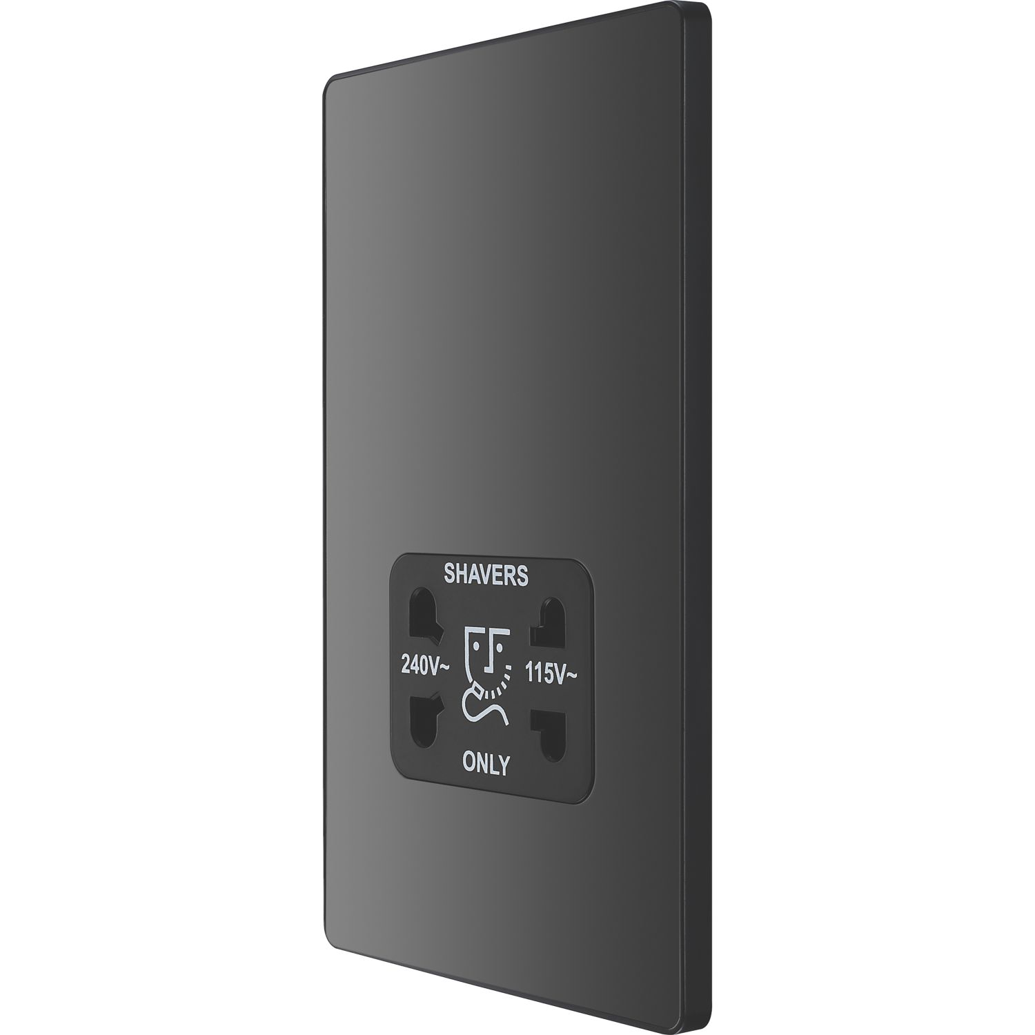 British General Evolve 2-Gang Dual Voltage Shaver Socket 115/240V Black Chrome with Black Inserts (868RF)