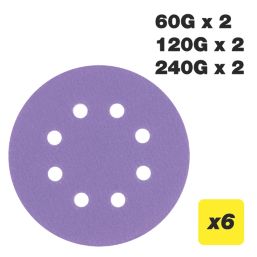 Trend  AB/125/M6 60, 120 & 240 Grit 8-Hole Punched Multi-Material Random Orbital Sanding Discs 125mm 6 Pack