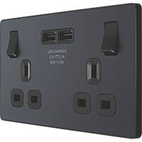 British General Evolve 13A 2-Gang SP Switched Socket + 3.1A 2-Outlet Type A USB Charger Grey with Black Inserts