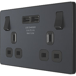 British General Evolve 13A 2-Gang SP Switched Socket + 3.1A 15.5W 2-Outlet Type A USB Charger Grey with Black Inserts