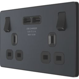 British General Evolve 13A 2-Gang SP Switched Socket + 3.1A 15.5W 2-Outlet Type A USB Charger Grey with Black Inserts