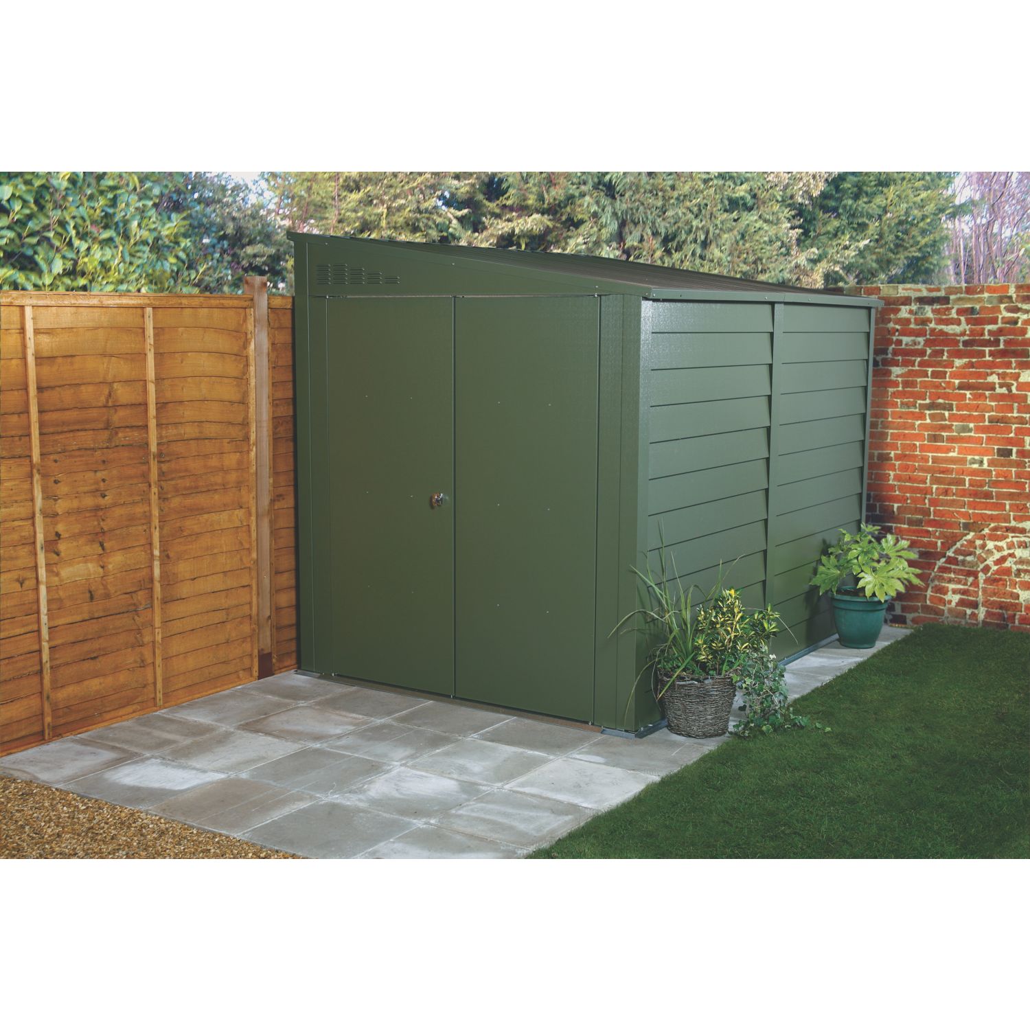 Trimetals Protect A Bike 960 6' 6" x 9' (Nominal) Pent Metal Motorbike Store Olive Green (872RY)