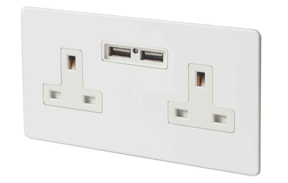 Varilight  13AX 2-Gang Unswitched Socket + 2.1A 10.5W 2-Outlet Type A USB Charger Ice White with White Inserts