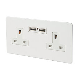 Varilight  13AX 2-Gang Unswitched Socket + 2.1A 10.5W 2-Outlet Type A USB Charger Ice White with White Inserts