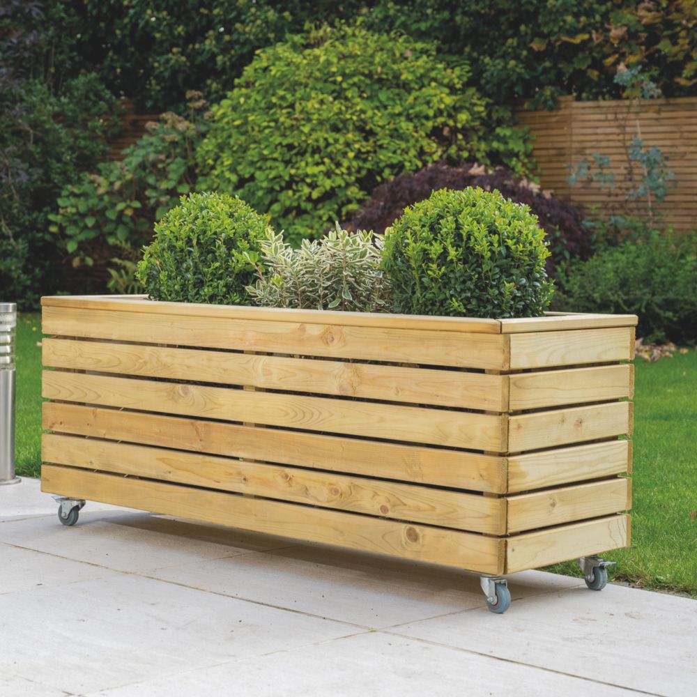 Forest Linear Rectangular Garden Planter with Wheels Natural Timber ...