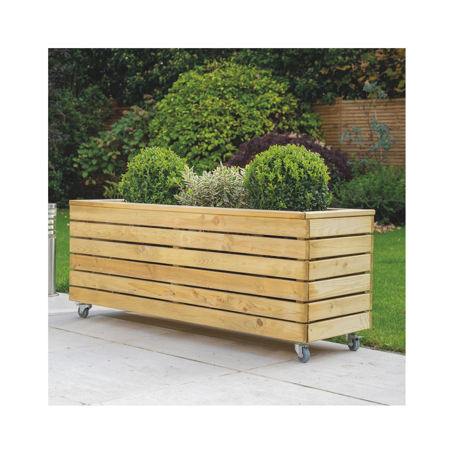 Forest Linear Rectangular Garden Planter with Wheels Natural Timber 1200mm x 400mm x 496mm (873JN)