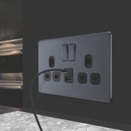 LAP  13A 2-Gang SP Switched Socket + 2.4A 12W 2-Outlet Type A & C USB Charger Slate Grey with Black Inserts