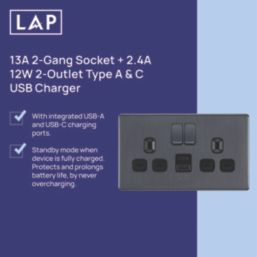 LAP  13A 2-Gang SP Switched Socket + 2.4A 12W 2-Outlet Type A & C USB Charger Slate Grey with Black Inserts