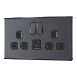 LAP  13A 2-Gang SP Switched Socket + 2.4A 12W 2-Outlet Type A & C USB Charger Slate Grey with Black Inserts