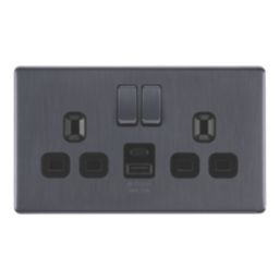 LAP  13A 2-Gang SP Switched Socket + 2.4A 12W 2-Outlet Type A & C USB Charger Slate Grey with Black Inserts