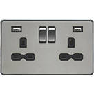 Knightsbridge  13A 2-Gang SP Switched Socket + 2.4A 2-Outlet Type A USB Charger Black Nickel with Black Inserts