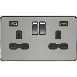 Knightsbridge  13A 2-Gang SP Switched Socket + 2.4A 2-Outlet Type A USB Charger Black Nickel with Black Inserts