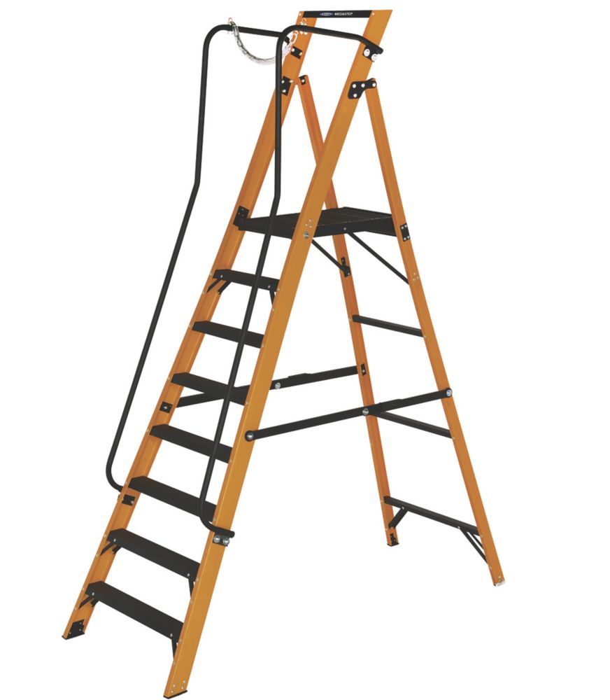 Werner Megastep Fibreglass 8-Tread Platform Ladder  With Handrail 1.7m