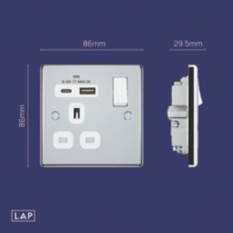 LAP  13A 1-Gang SP Switched Socket + 3A 18W 2-Outlet Type A & C USB Charger Polished Chrome with White Inserts