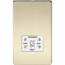 Knightsbridge  2-Gang Dual Voltage Shaver Socket 115 V / 230V Polished Brass with White Inserts