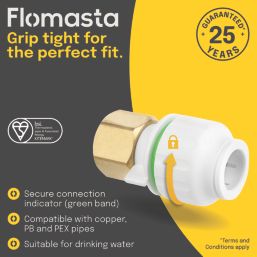 Flomasta  Plastic Push-Fit Straight Tap Connectors 15mm x 1/2" 2 Pack