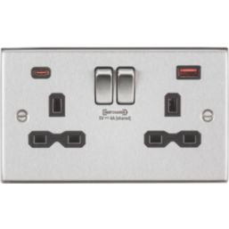 Knightsbridge  13A 2-Gang DP Switched Socket + 4.0A 18W 2-Outlet Type A & C USB Charger Brushed Chrome with Black Inserts