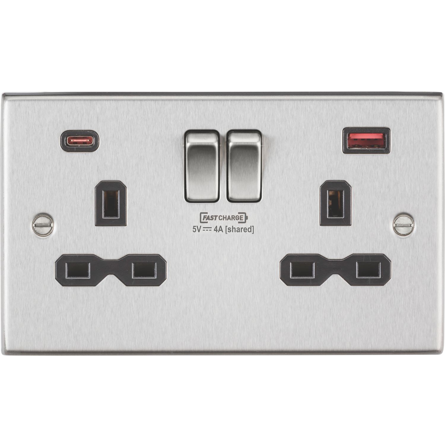 Knightsbridge 13A 2-Gang DP Switched Socket + 4.0A 18W 2-Outlet Type A & C USB Charger Brushed Chrome with Black Inserts (876TY)