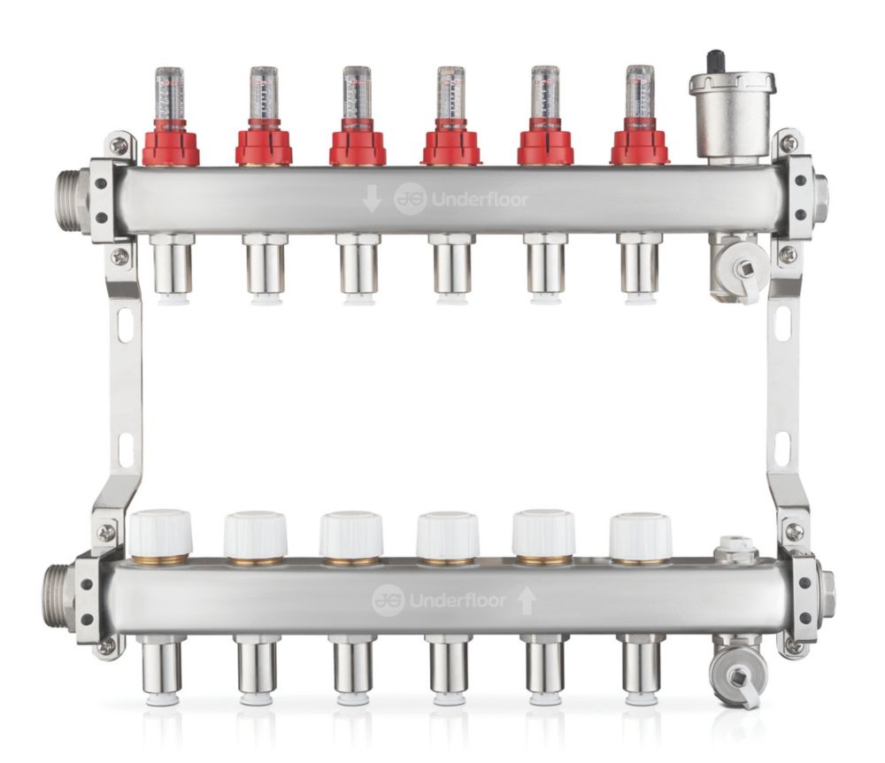 JG Underfloor 6 Port LowFit Heating Manifold Brushed Steel Screwfix
