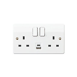 MK Logic Plus 13A 2-Gang DP Switched Socket + 3A 2-Outlet Type A & C USB Charger White with White Inserts