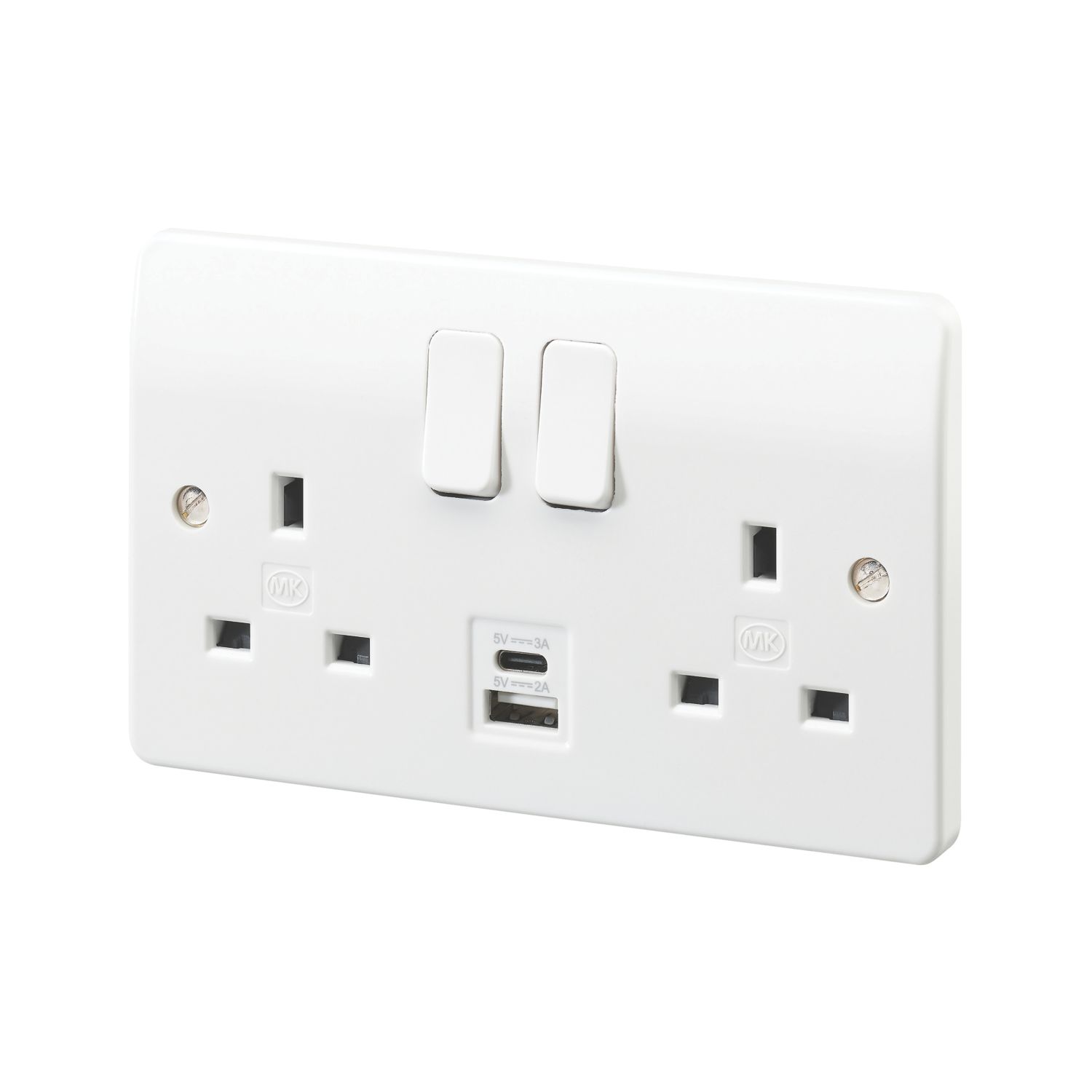 MK Logic Plus 13A 2-Gang DP Switched Socket + 3A 15.5W 2-Outlet Type A & C USB Charger White (878RG)