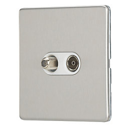 Contactum Lyric 2-Gang Coaxial TV & F-Type Satellite Socket Brushed Steel with White Inserts