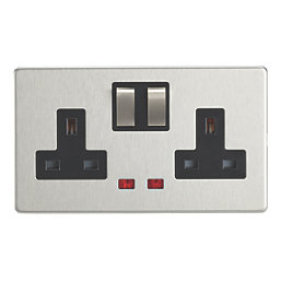 Contactum Lyric 13A 2-Gang DP Switched Socket Outlet Brushed Steel with Neon with Black Inserts