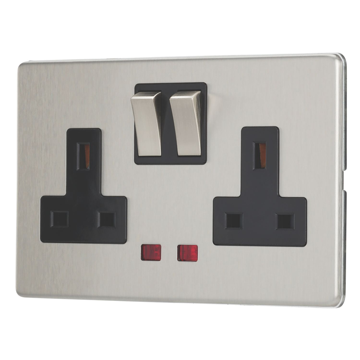 Contactum Lyric 13A 2-Gang DP Switched Socket Outlet Brushed Steel with Neon with Black Inserts (878RR)