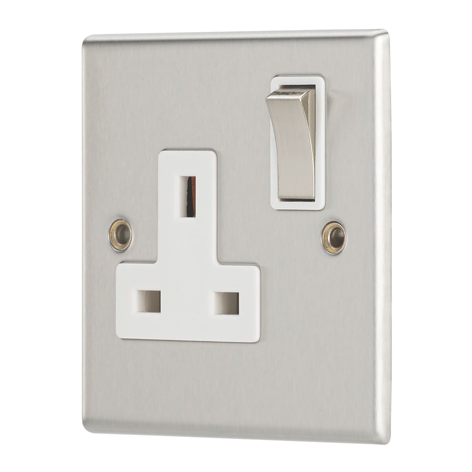 Contactum Iconic 13A 1-Gang DP Switched Socket Outlet Brushed Steel with White Inserts (879RP)