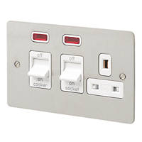 MK Edge 45A 1-Gang DP Cooker Switch & 13A DP Switched Socket Brushed Stainless Steel with Neon with White Inserts