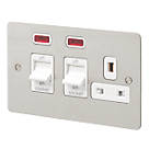 MK Edge 45A 1-Gang DP Cooker Switch & 13A DP Switched Socket Brushed Stainless Steel with Neon with White Inserts