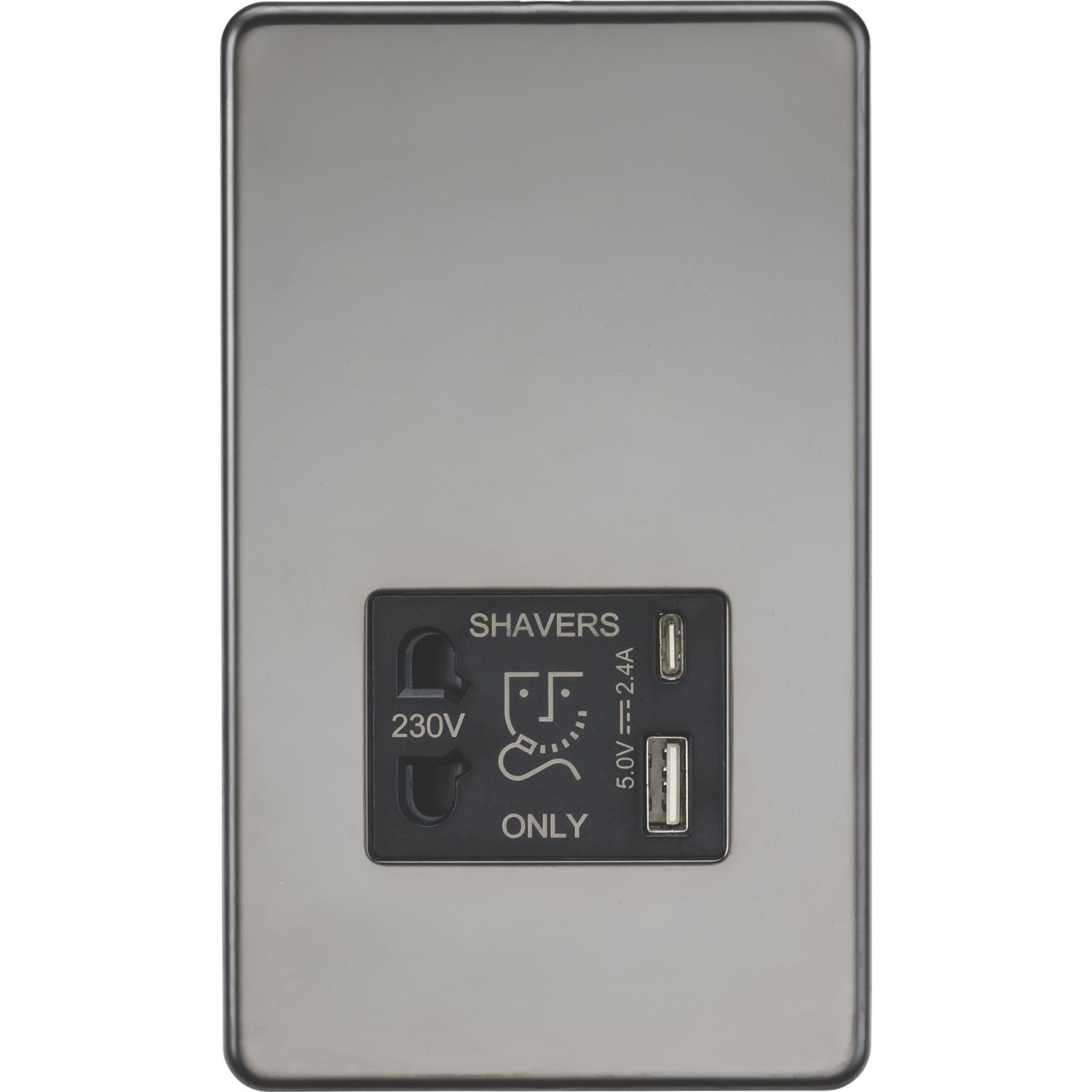 Knightsbridge 2-Gang Single Voltage Shaver Socket+ 2.4A 12W 2-Outlet Type A & C USB Charger 230V Black Nickel with Black Inserts (880PX)