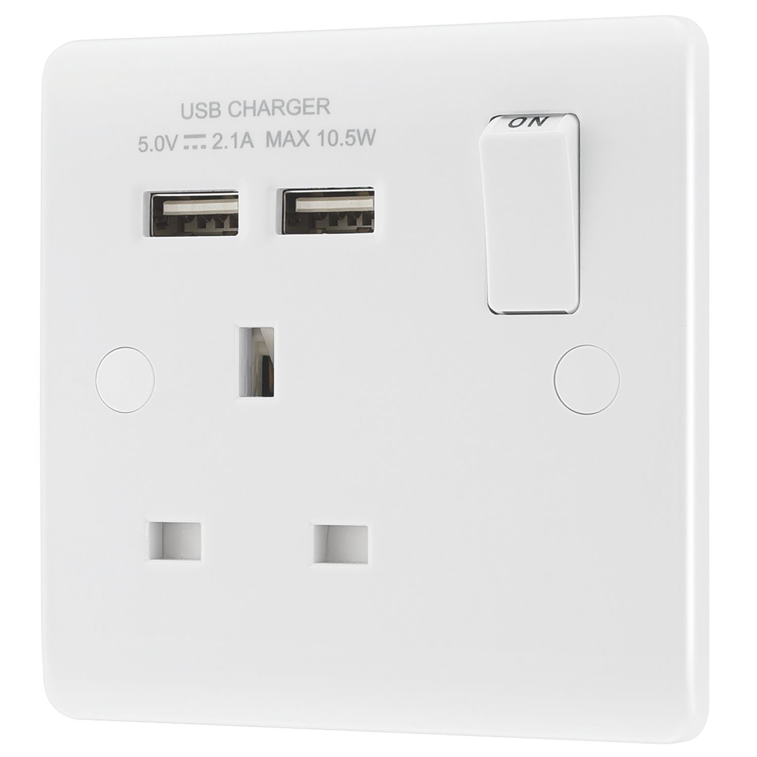 LAP 13A 1-Gang SP Switched Socket + 2.1A 10.5W 2-Outlet Type A USB Charger White (8812F)