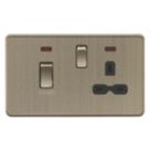 Knightsbridge Screwless 45A 2-Gang DP Cooker Switch & 13A Switched Socket Antique Brass with Neon with Black Inserts