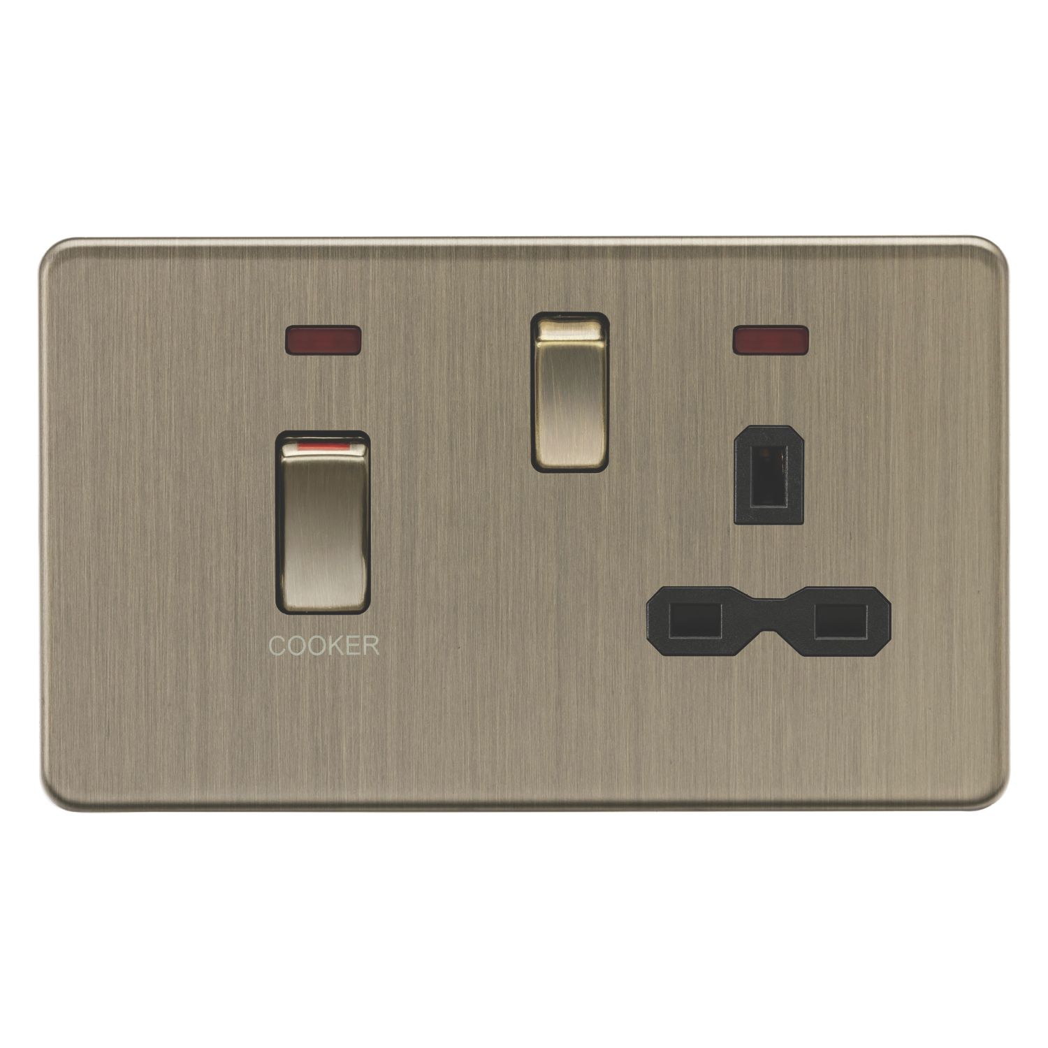 Knightsbridge Screwless 45A 2-Gang DP Cooker Switch & 13A Switched Socket Antique Brass with Neon with Black Inserts (881CR)